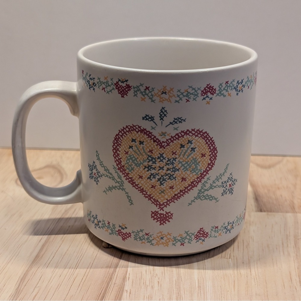 Vtg Russ Crosstitch Love Heart‎ Grandma Core Ceramic Coffee Mug Cup Made Korea
